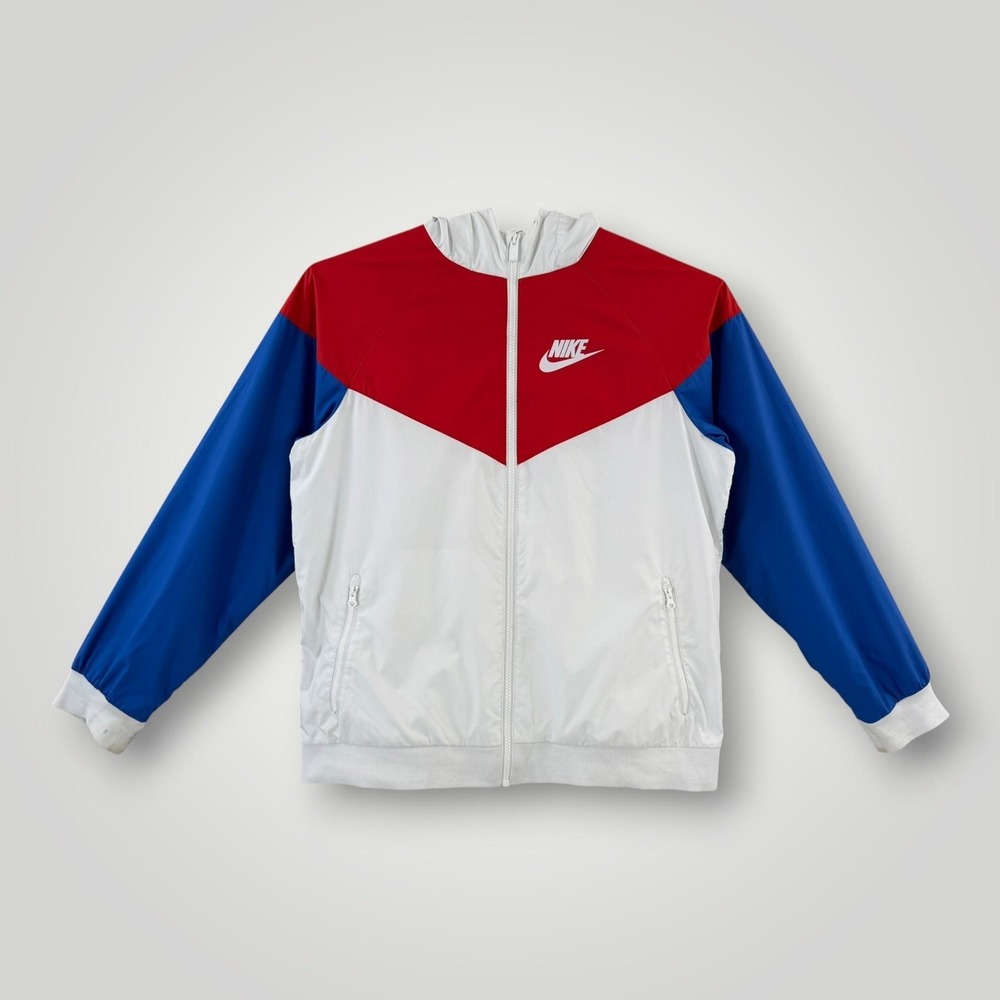 Nike Windbreaker Jacket Mens XL Hooded Colorblock White Red Blue Full Zip